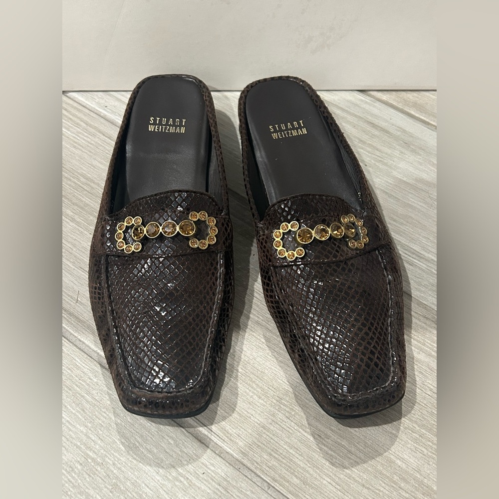 Stuart Weitzman Brown Snake-Embossed Loafers with Gold Accents